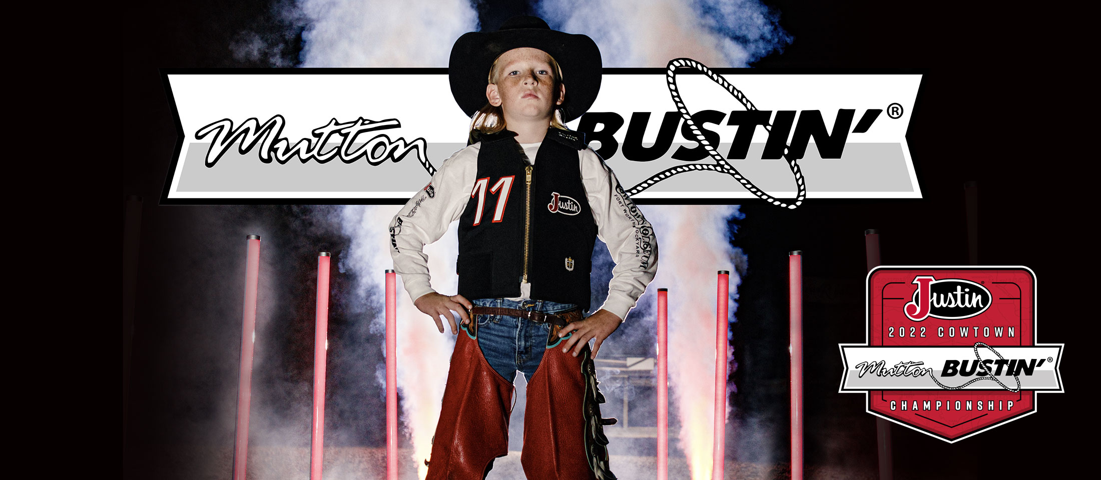 Young boy poses with hands on hips as a front runner for Justin’s 2022 Cowtown Mutton Bustin’ Championship.